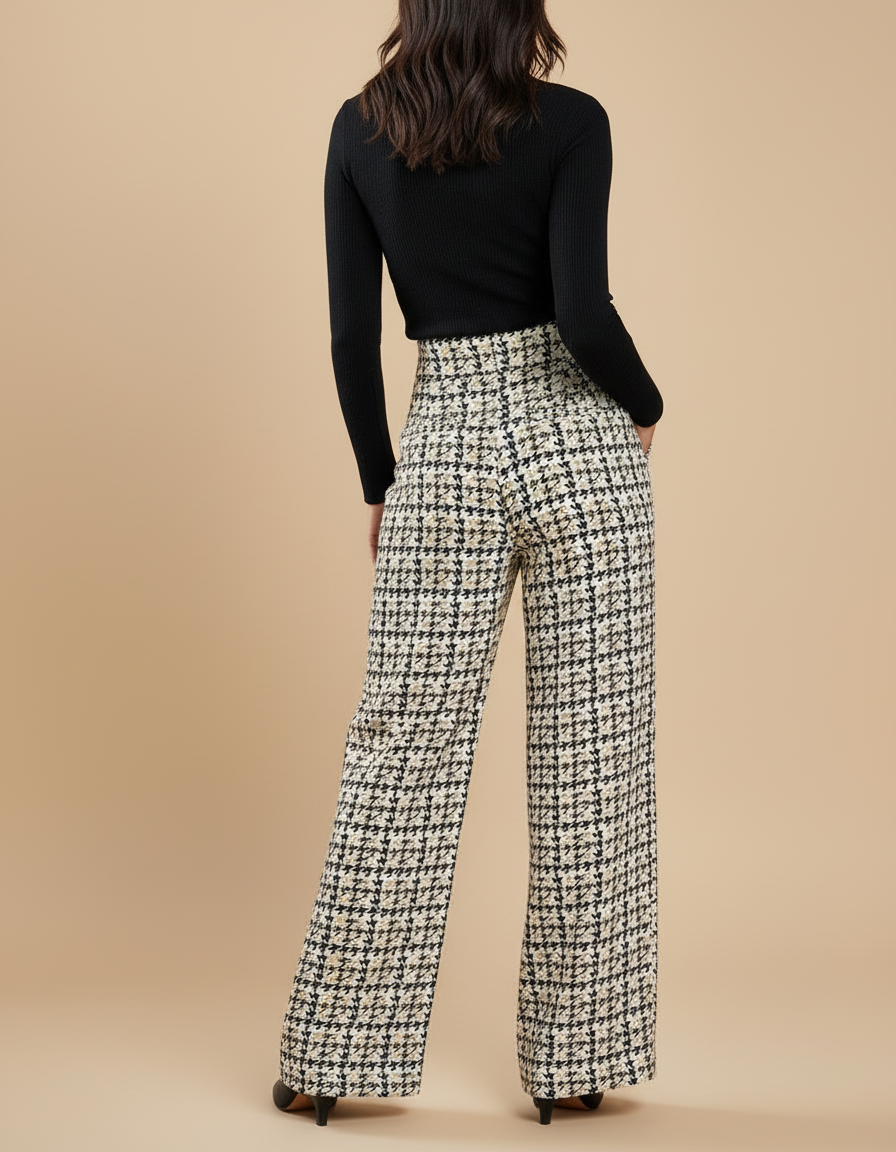 Pantalon Pied De Poule Beige - Tweed - vue 2