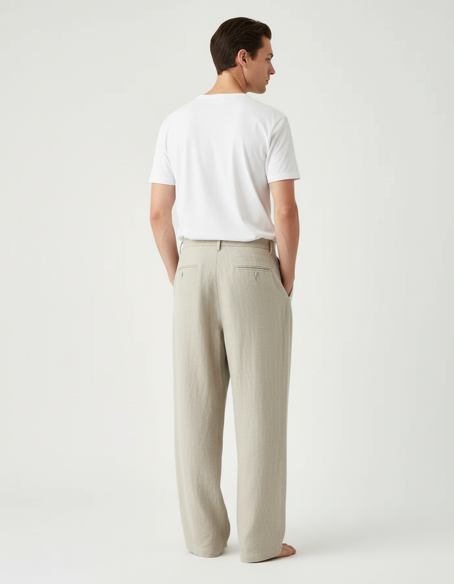 Pantalon Beige Ample Droit Lin Plissé Homme - vue 2
