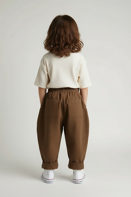 Pantalon Beige Ample Coton Lin Enfants Décontracté - Marron Toile - vue 2