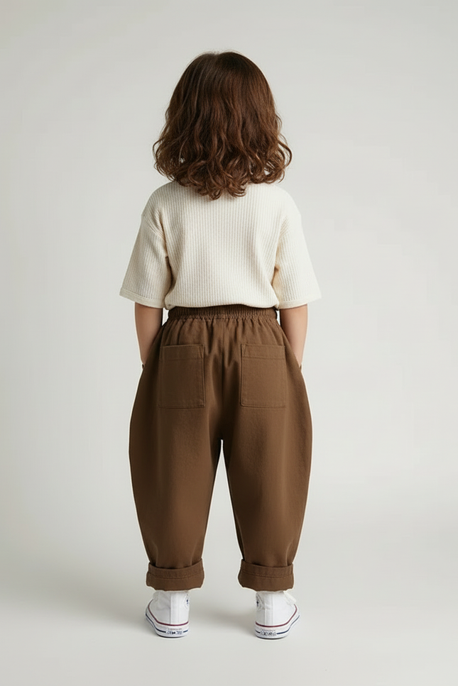 Pantalon Beige Ample Coton Lin Enfants Décontracté - Marron Toile - vue 2