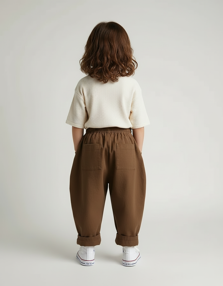 Pantalon Beige Ample Coton Lin Enfants Décontracté - Marron Toile - vue 2