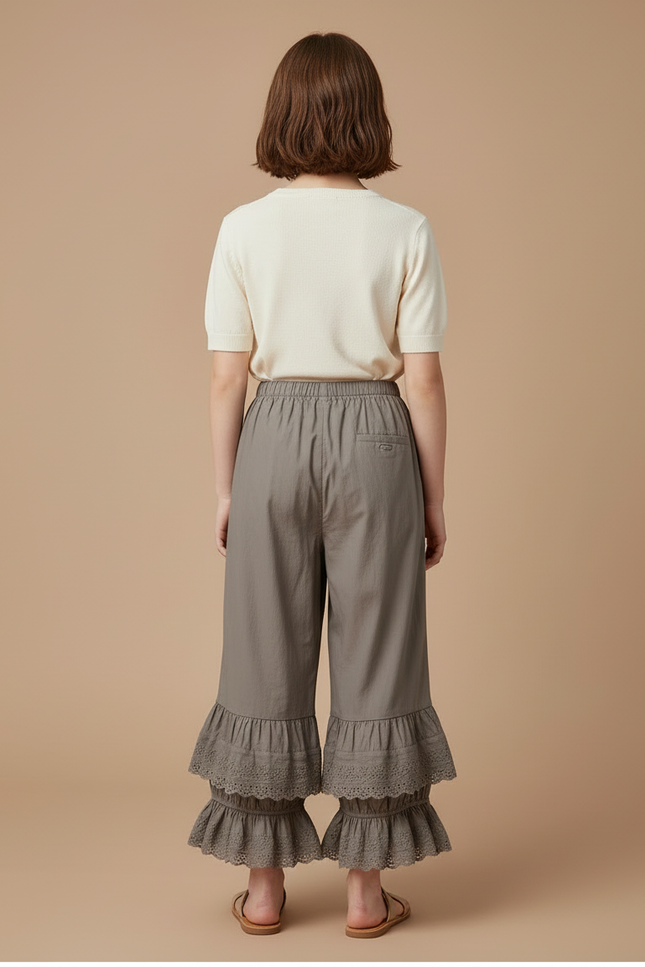 Pantalon Beige Ample Volants Dentelle Coton Enfant - Kaki - vue 2