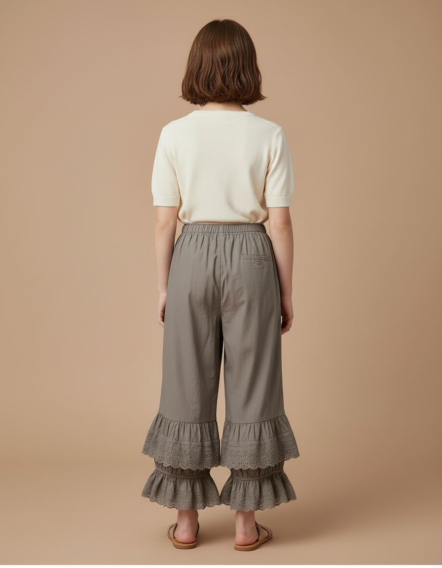 Pantalon Beige Ample Volants Dentelle Coton Enfant - Kaki - vue 2