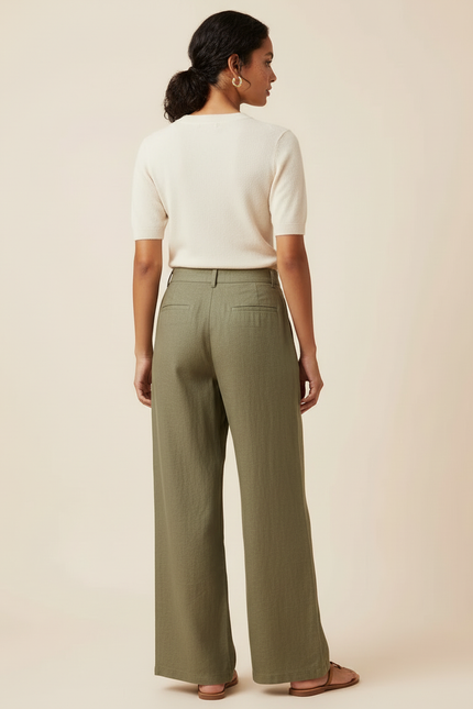 Pantalon Beige Ample Lin Brodé Floral Chic - Kaki - vue 2