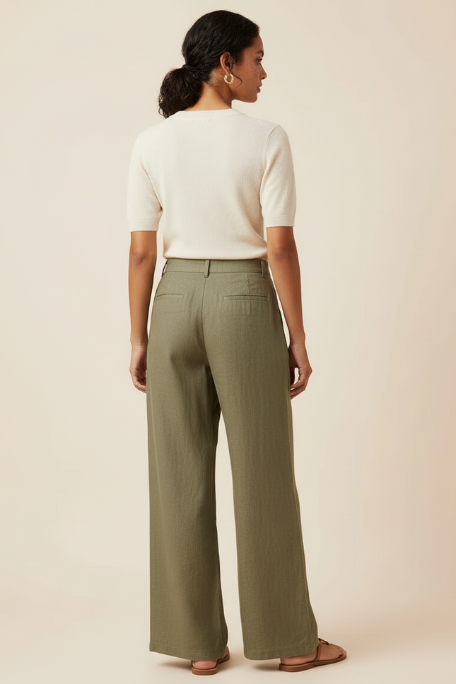 Pantalon Beige Ample Lin Brodé Floral Chic - Kaki - vue 2