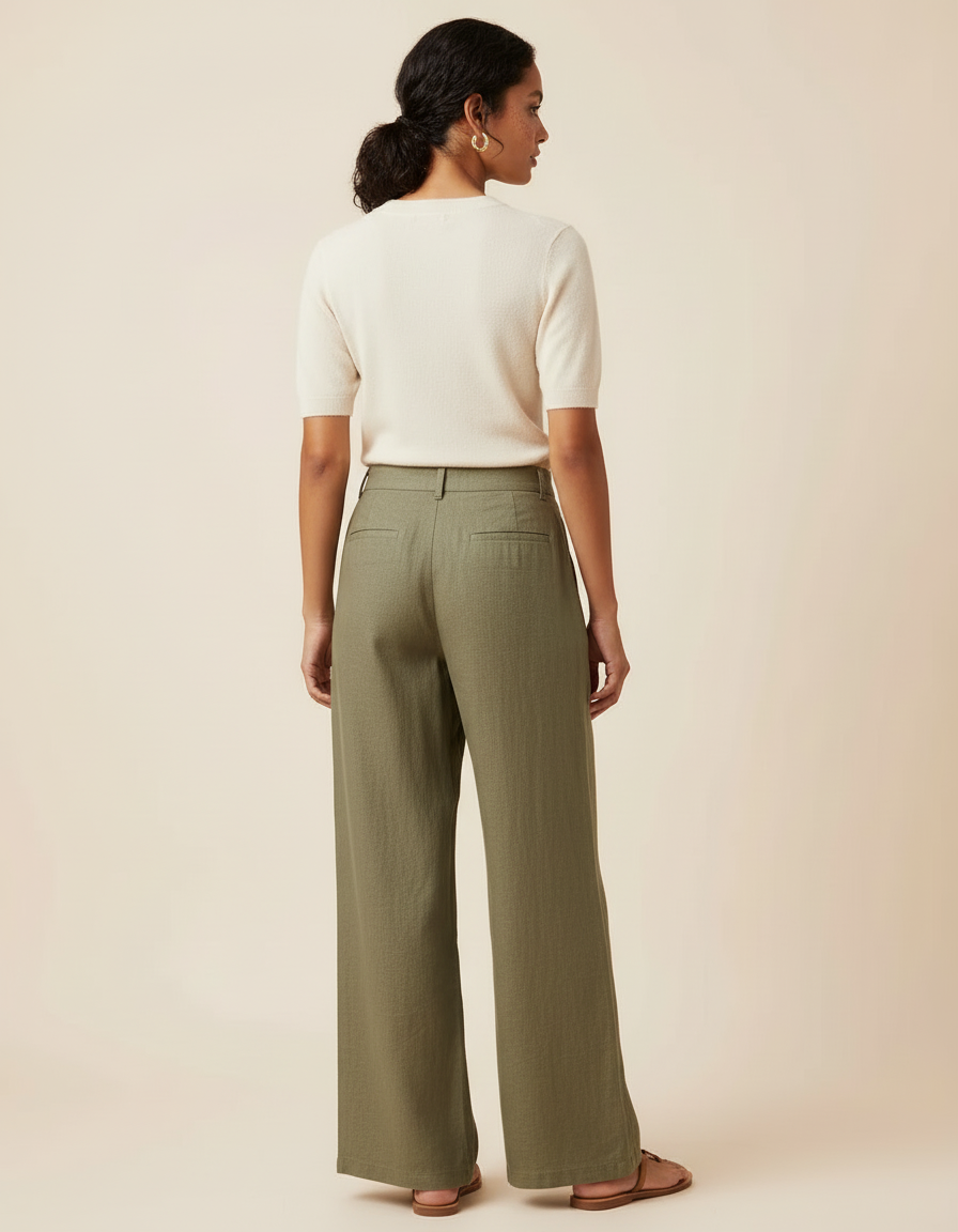 Pantalon Beige Ample Lin Brodé Floral Chic - Kaki - vue 2