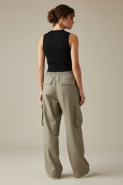 Pantalon Beige Cargo Ample Taille Élastique Décontracté - Kaki Polyester - vue 2
