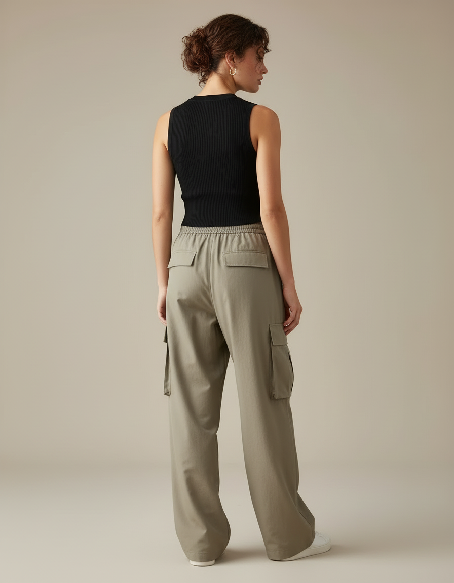 Pantalon Beige Cargo Ample Taille Élastique Décontracté - Kaki Polyester - vue 2