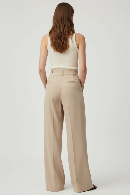 Pantalon Beige Fluide Ample Plissé Chic Élégant - Polyester - vue 2