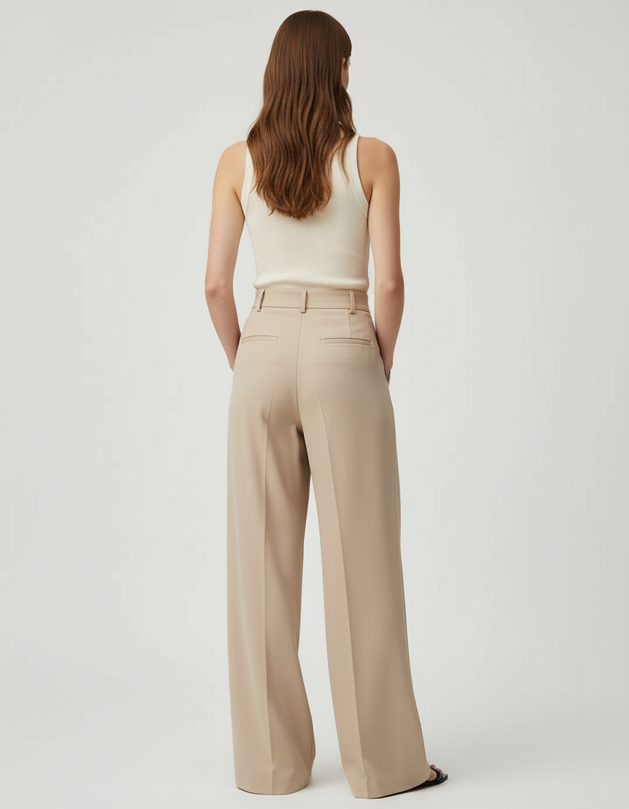 Pantalon Beige Fluide Ample Plissé Chic Élégant - Polyester - vue 2