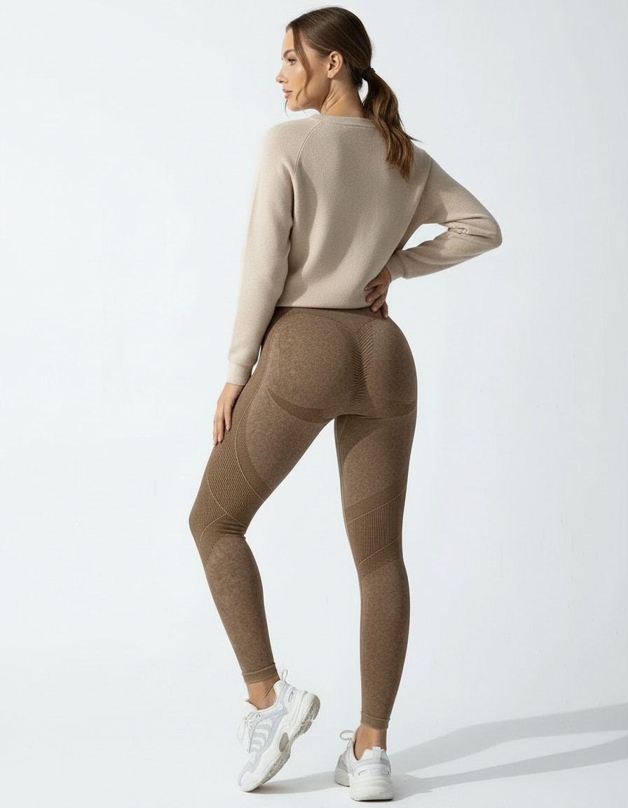 Pantalon Beige Seamless Côtelé Taille Haute Yoga - Marron Maille - vue 2