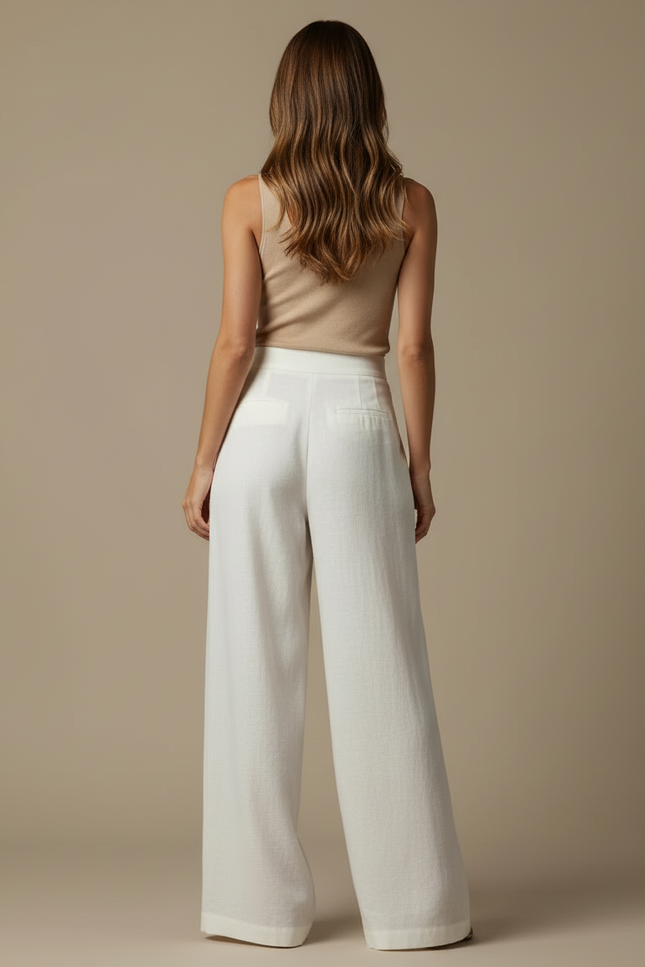 Pantalon Beige Fluide Ample Lin Plissé Femme - Blanc - vue 2