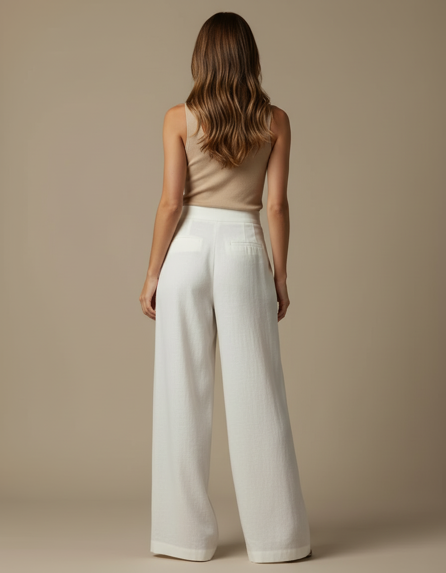 Pantalon Beige Fluide Ample Lin Plissé Femme - Blanc - vue 2