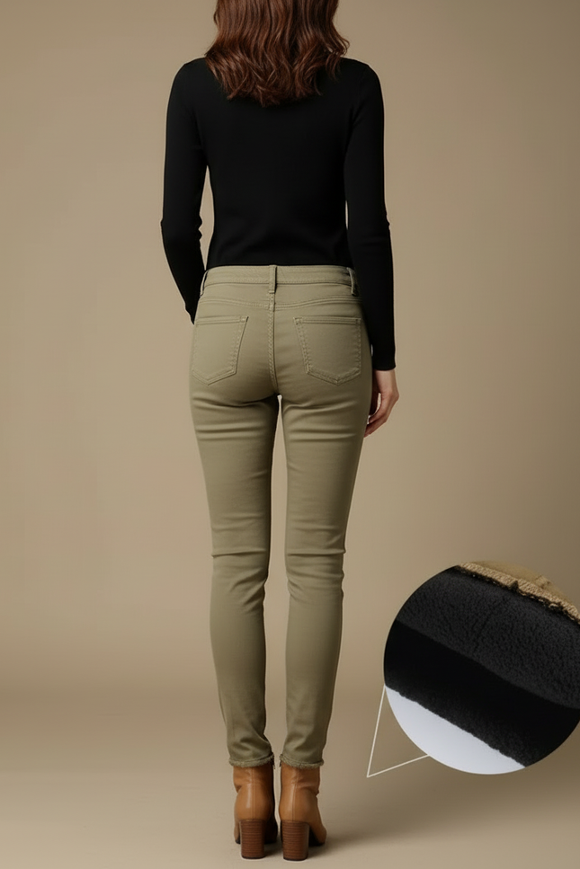 Pantalon Beige Skinny Taille Haute Velours Chaud - Kaki - vue 2