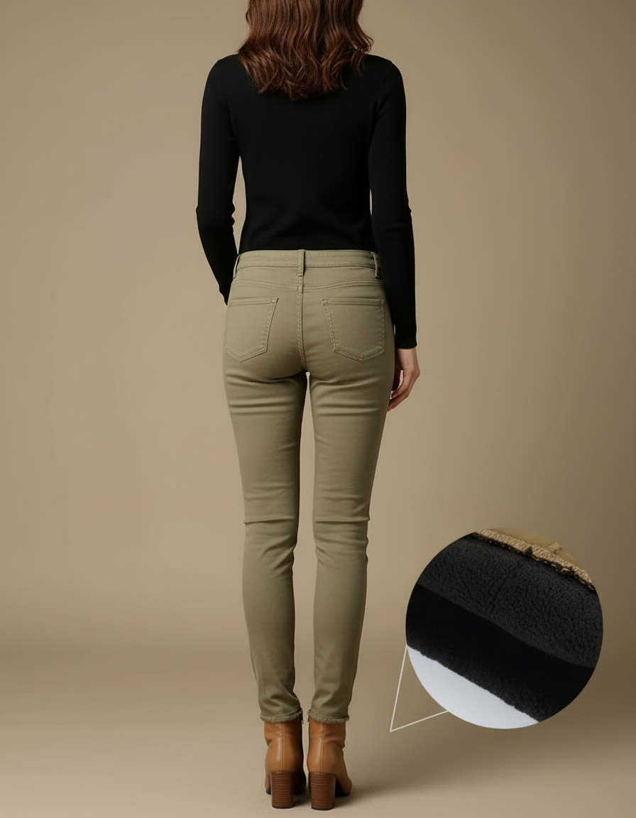 Pantalon Beige Skinny Taille Haute Velours Chaud - Kaki - vue 2