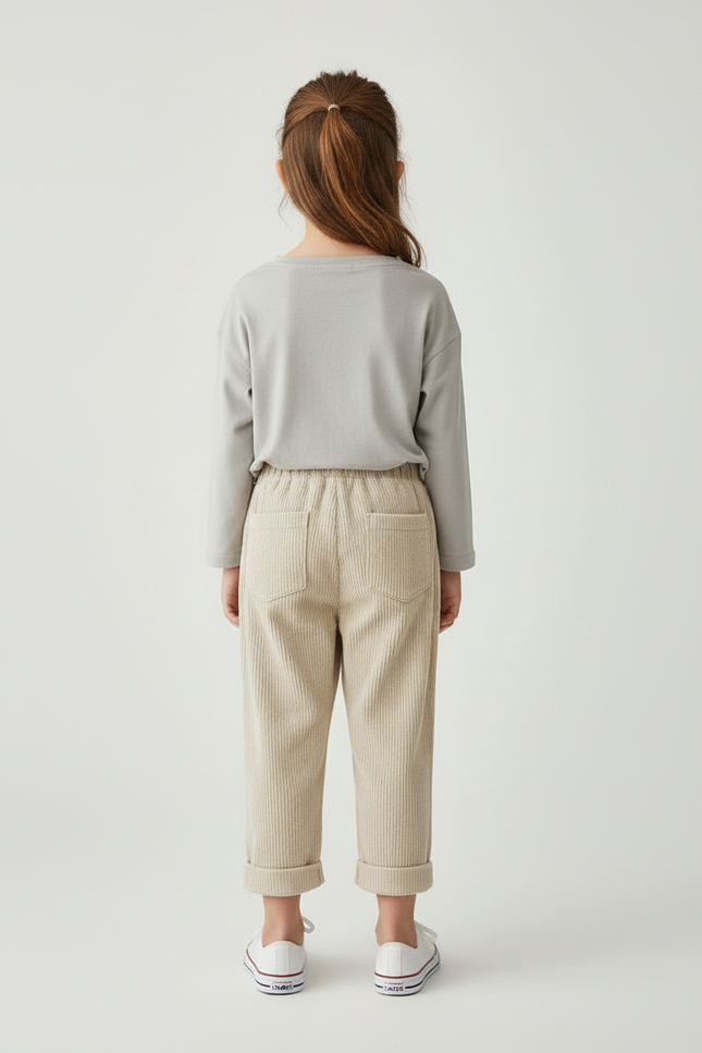 Pantalon Beige Côtelé Ample Élastique Enfant Confortable - Cordé - vue 2