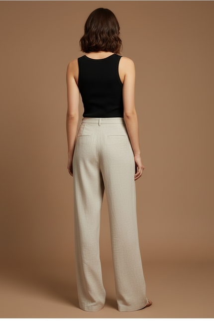 Pantalon Beige Ample Fluide Plissé Lin Décontracté - vue 2