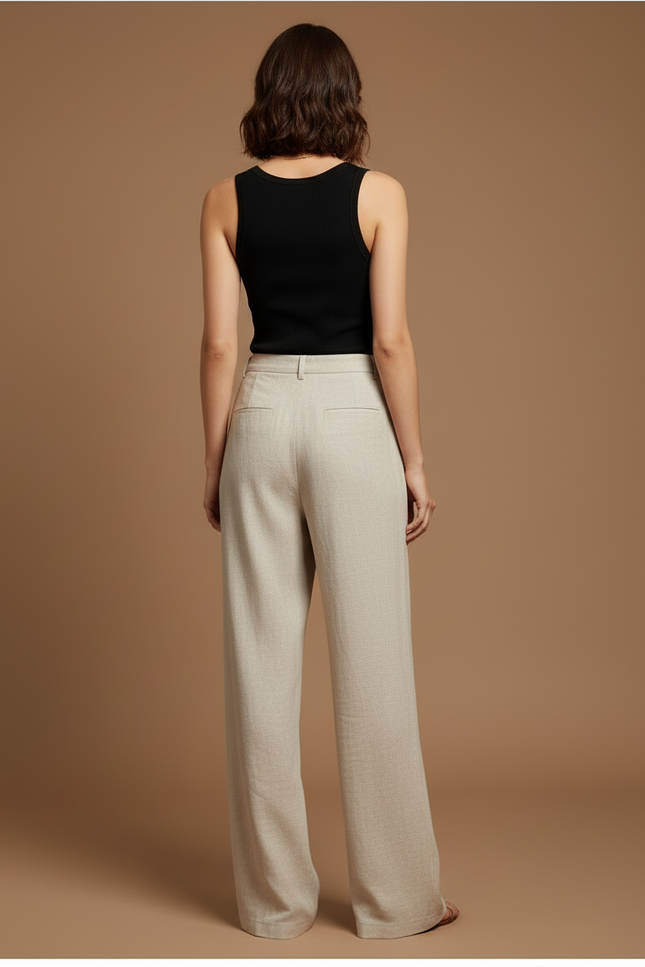 Pantalon Beige Ample Fluide Plissé Lin Décontracté - vue 2