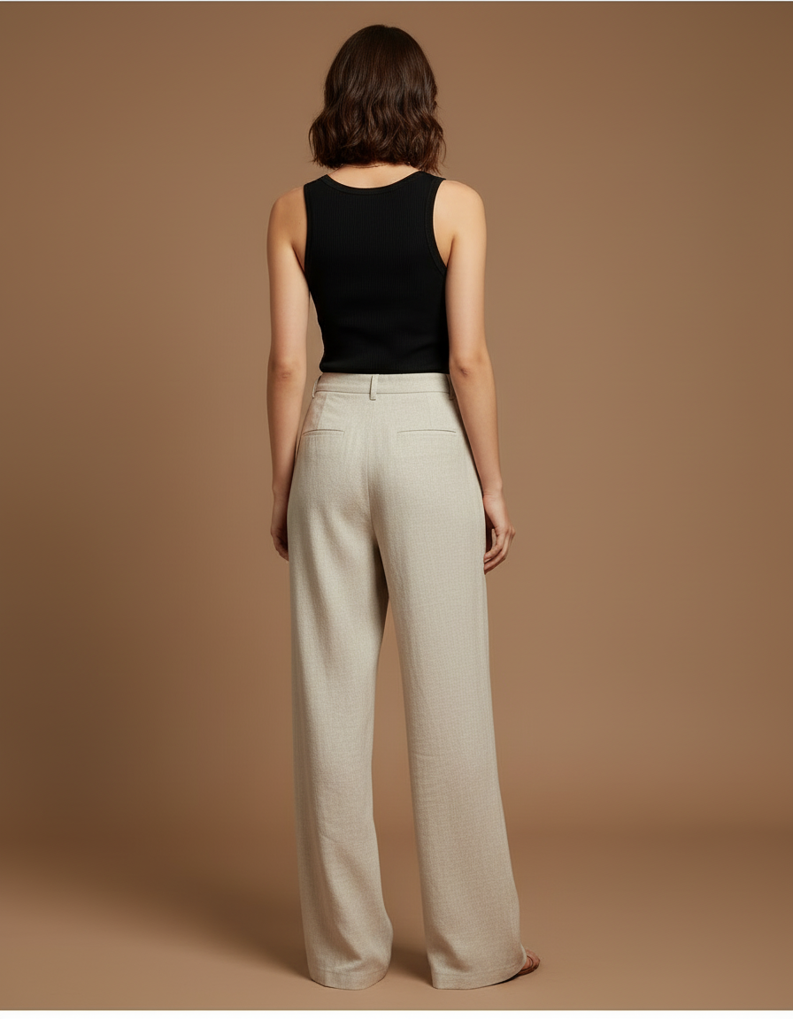 Pantalon Beige Ample Fluide Plissé Lin Décontracté - vue 2