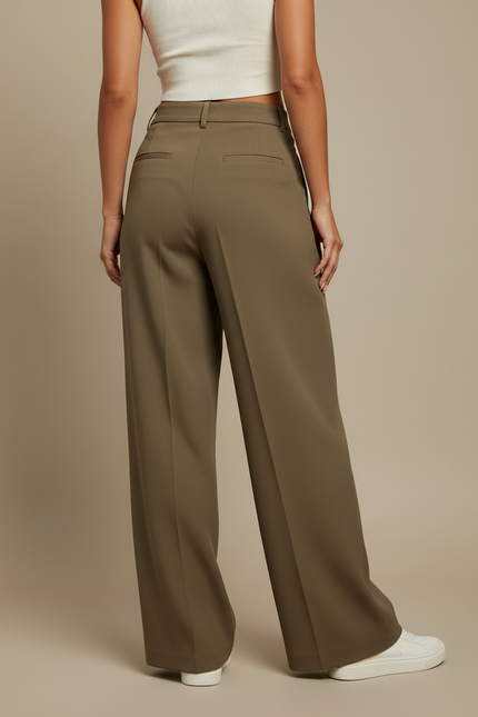 Pantalon Beige Plissé Large Fluide Élégant Femme - Kaki Polyester - vue 2