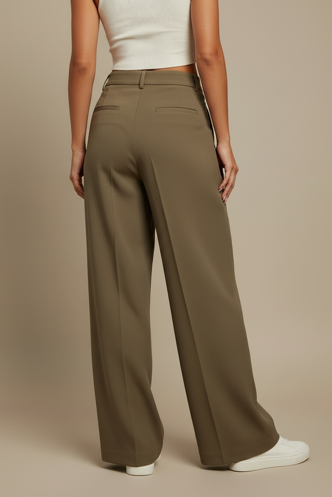 Pantalon Beige Plissé Large Fluide Élégant Femme - Kaki Polyester - vue 2