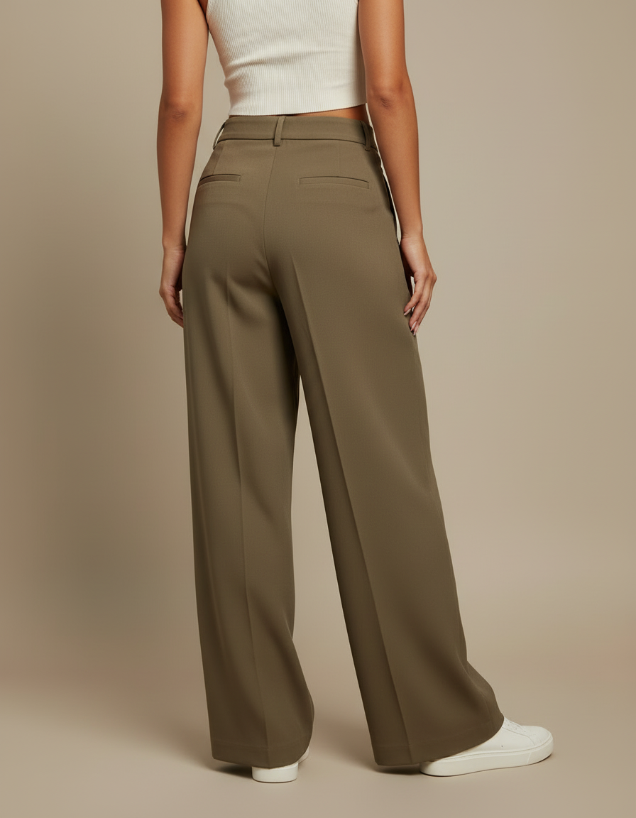 Pantalon Beige Plissé Large Fluide Élégant Femme - Kaki Polyester - vue 2