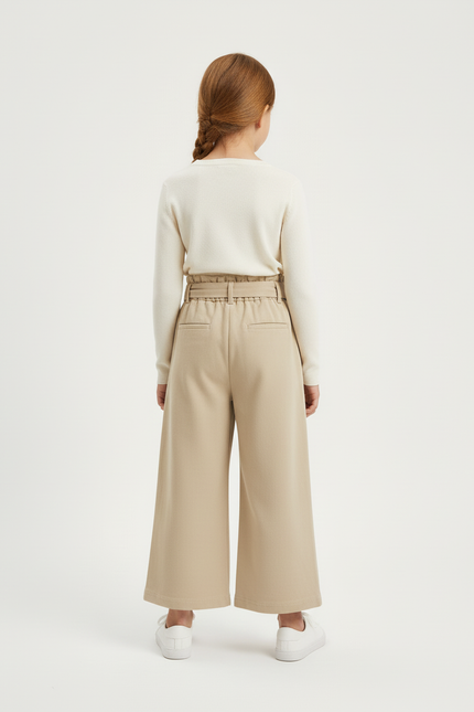 Pantalon Beige Ample Ceinturé Coton Fille Décontracté - vue 2