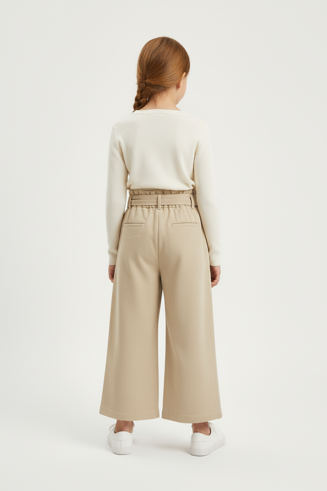 Pantalon Beige Ample Ceinturé Coton Fille Décontracté - vue 2