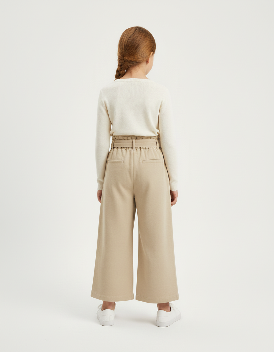 Pantalon Beige Ample Ceinturé Coton Fille Décontracté - vue 2