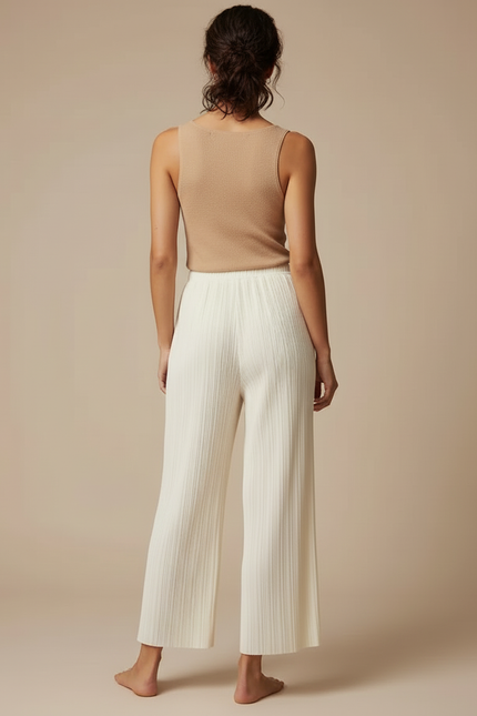 Pantalon Beige Plissé Fluide Ample Élégant Femme - Polyester - vue 2
