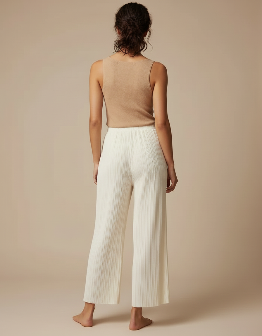 Pantalon Beige Plissé Fluide Ample Élégant Femme - Polyester - vue 2