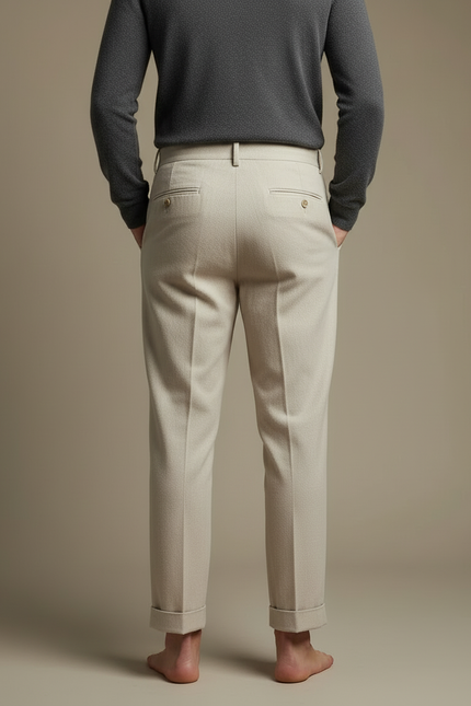 Pantalon Beige Plissé Homme Droit Élégant Côtelé - Laine - vue 2