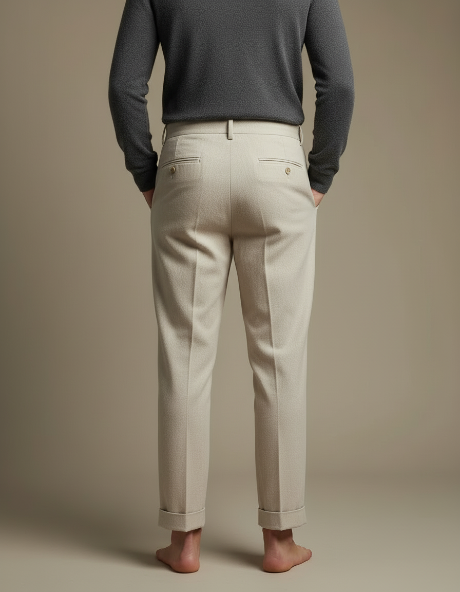 Pantalon Beige Plissé Homme Droit Élégant Côtelé - Laine - vue 2