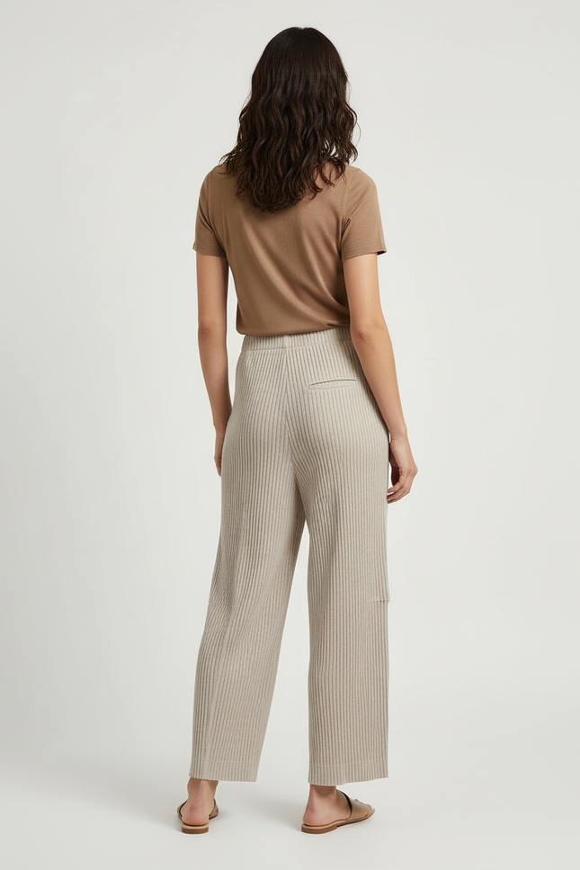 Pantalon Beige Plissé Côtelé Ample Décontracté Femme - Maille - vue 2