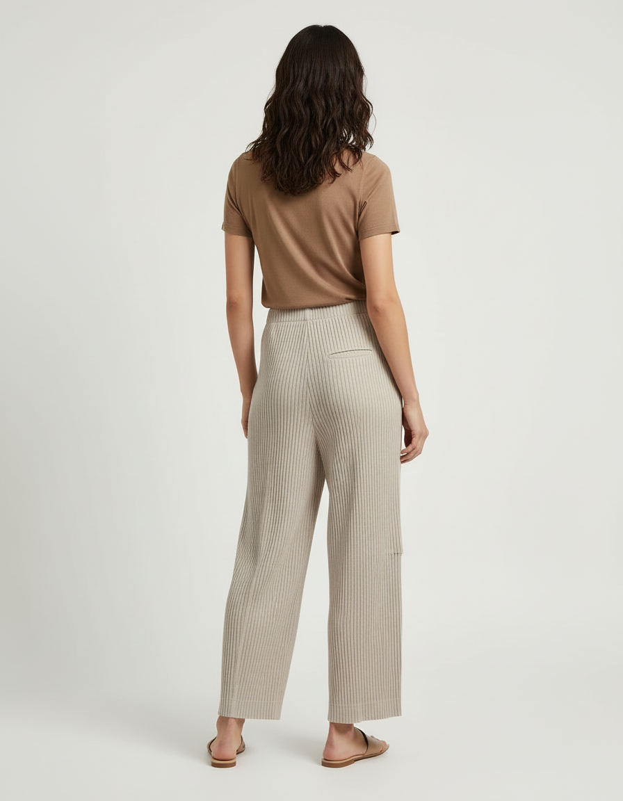 Pantalon Beige Plissé Côtelé Ample Décontracté Femme - Maille - vue 2