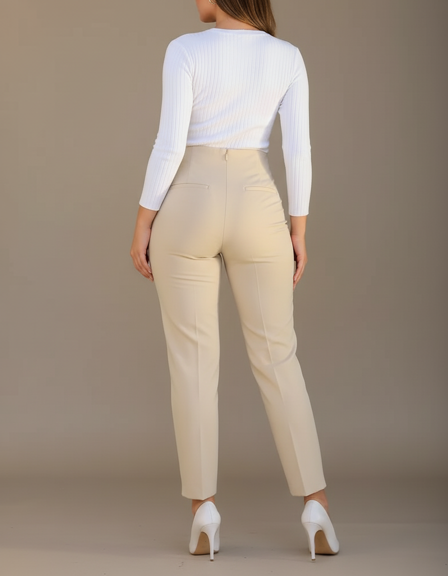 Pantalon Beige Slim Taille Haute Élégant Femme - Simili cuir - vue 2