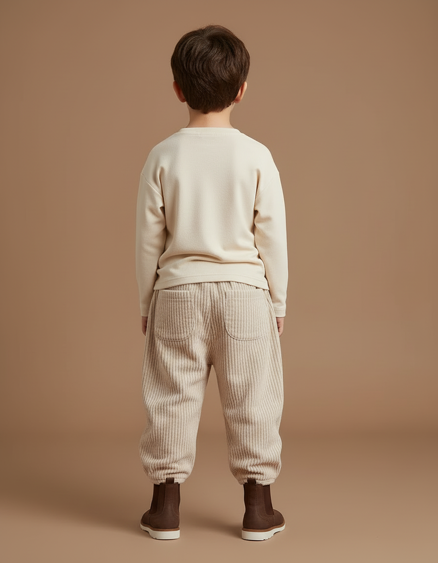 Pantalon Beige Côtelé Ample Enfant Élastique Décontracté - Cordé - vue 2