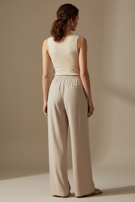 Pantalon Beige Fluide Ample Cordon Décontracté Élégant Femme - Viscose - vue 2