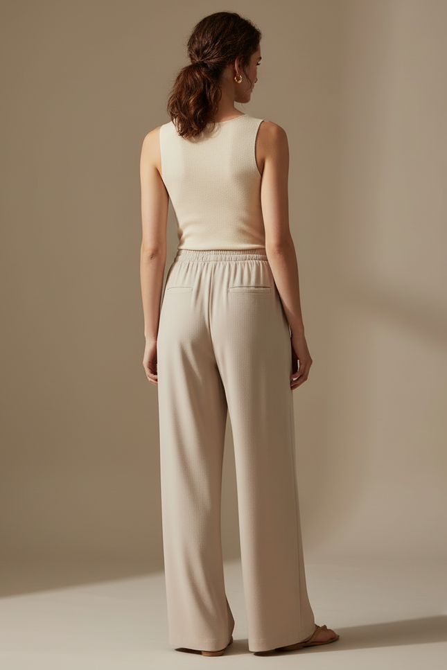 Pantalon Beige Fluide Ample Cordon Décontracté Élégant Femme - Viscose - vue 2