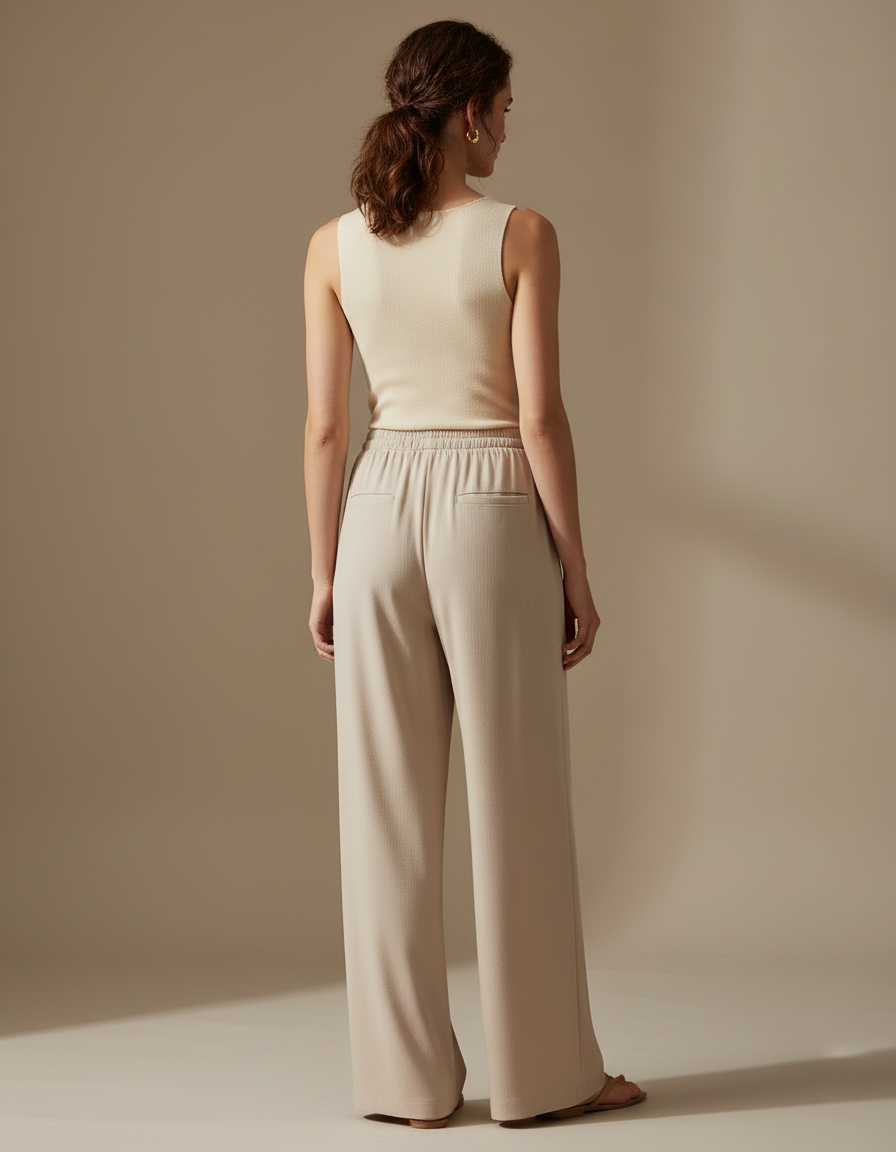 Pantalon Beige Fluide Ample Cordon Décontracté Élégant Femme - Viscose - vue 2