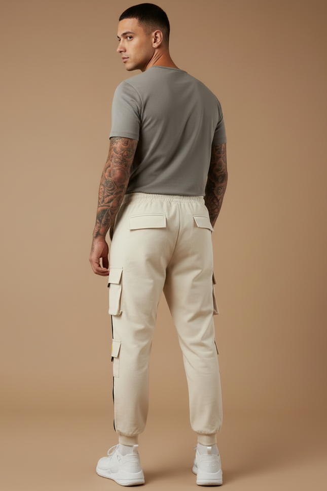 Pantalon Beige Cargo Ample Cordon Streetwear Homme - Gabardine - vue 2