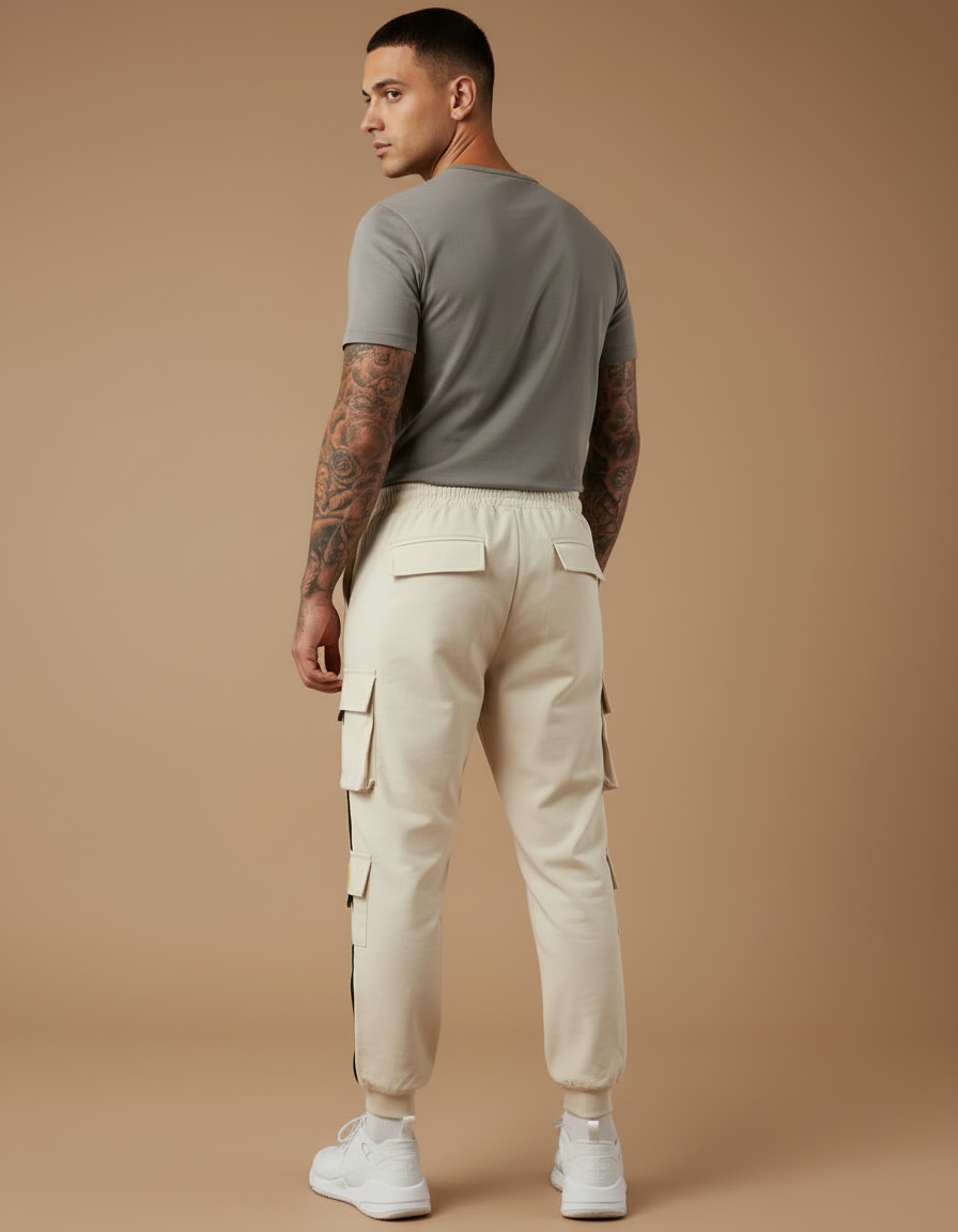 Pantalon Beige Cargo Ample Cordon Streetwear Homme - Gabardine - vue 2