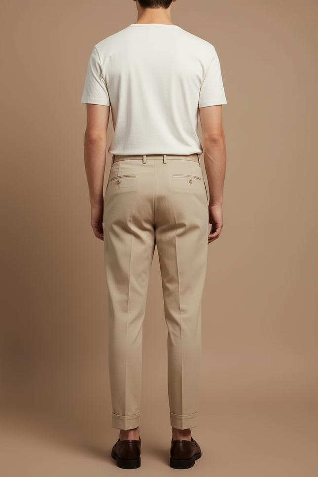 Pantalon Beige Plissé Droit Coton Élégant Décontracté - vue 2