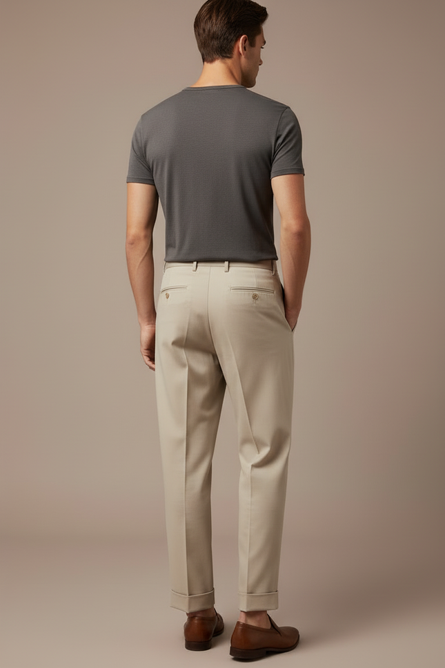 Pantalon Beige Homme Plissé Taille Haute Élégant - Gabardine - vue 2