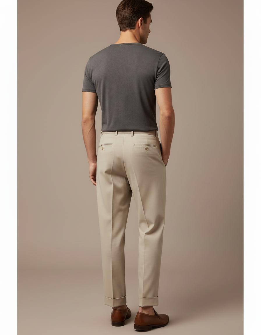 Pantalon Beige Homme Plissé Taille Haute Élégant - Gabardine - vue 2