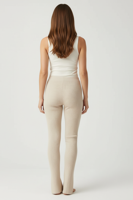 Pantalon Beige Côtelé Fendu Confortable Élégant Femme - Maille - vue 2