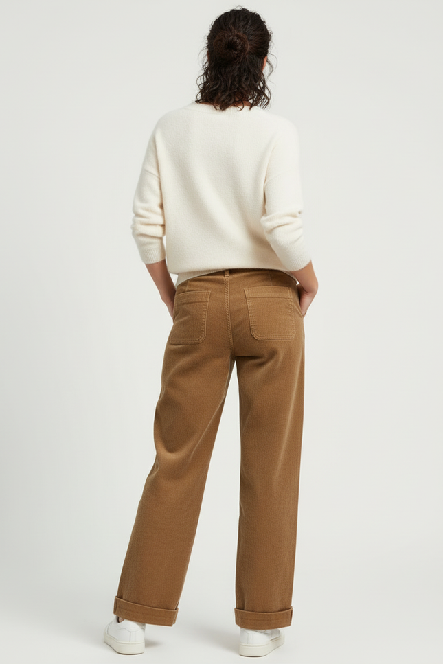 Pantalon Beige Côtelé Large Taille Haute Femme - Camel Cordé - vue 2