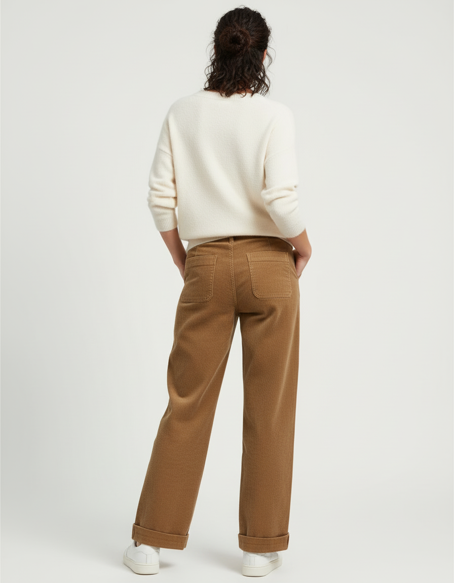 Pantalon Beige Côtelé Large Taille Haute Femme - Camel Cordé - vue 2