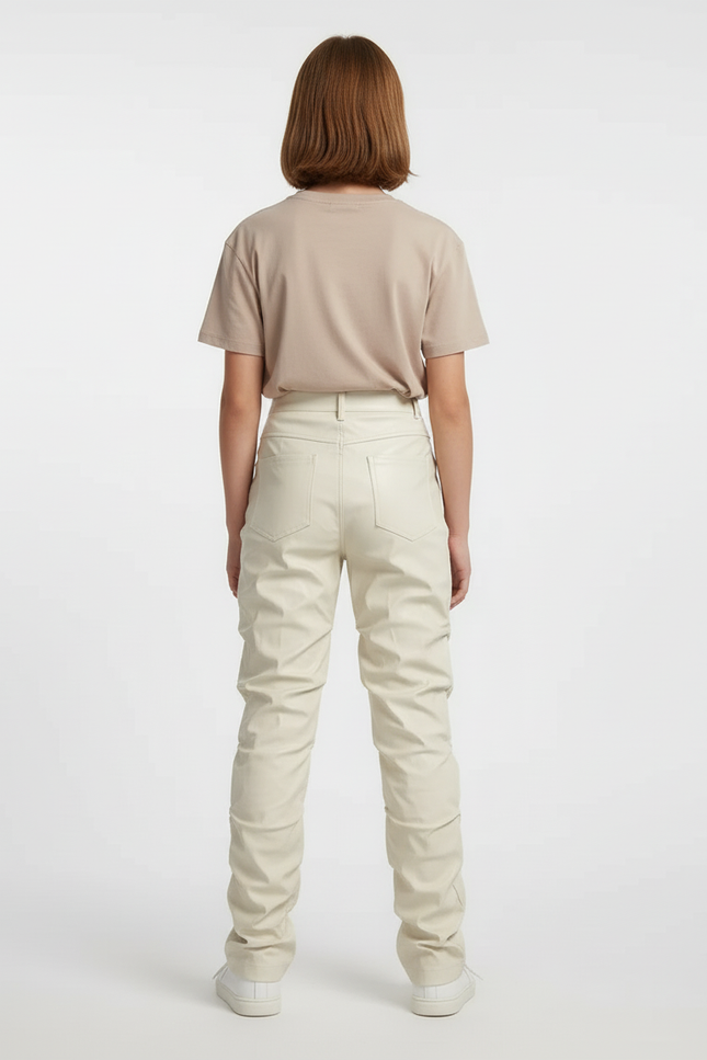 Pantalon Beige Similicuir Froncé Taille Haute Zippé - Simili cuir - vue 2