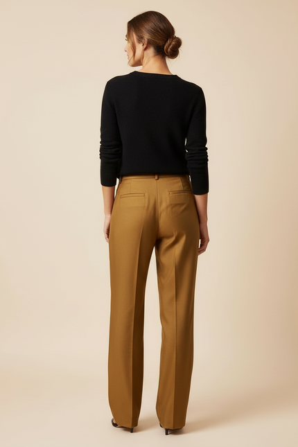 Pantalon Beige Taille Haute Ample Plissé Fluide - Camel Viscose - vue 2